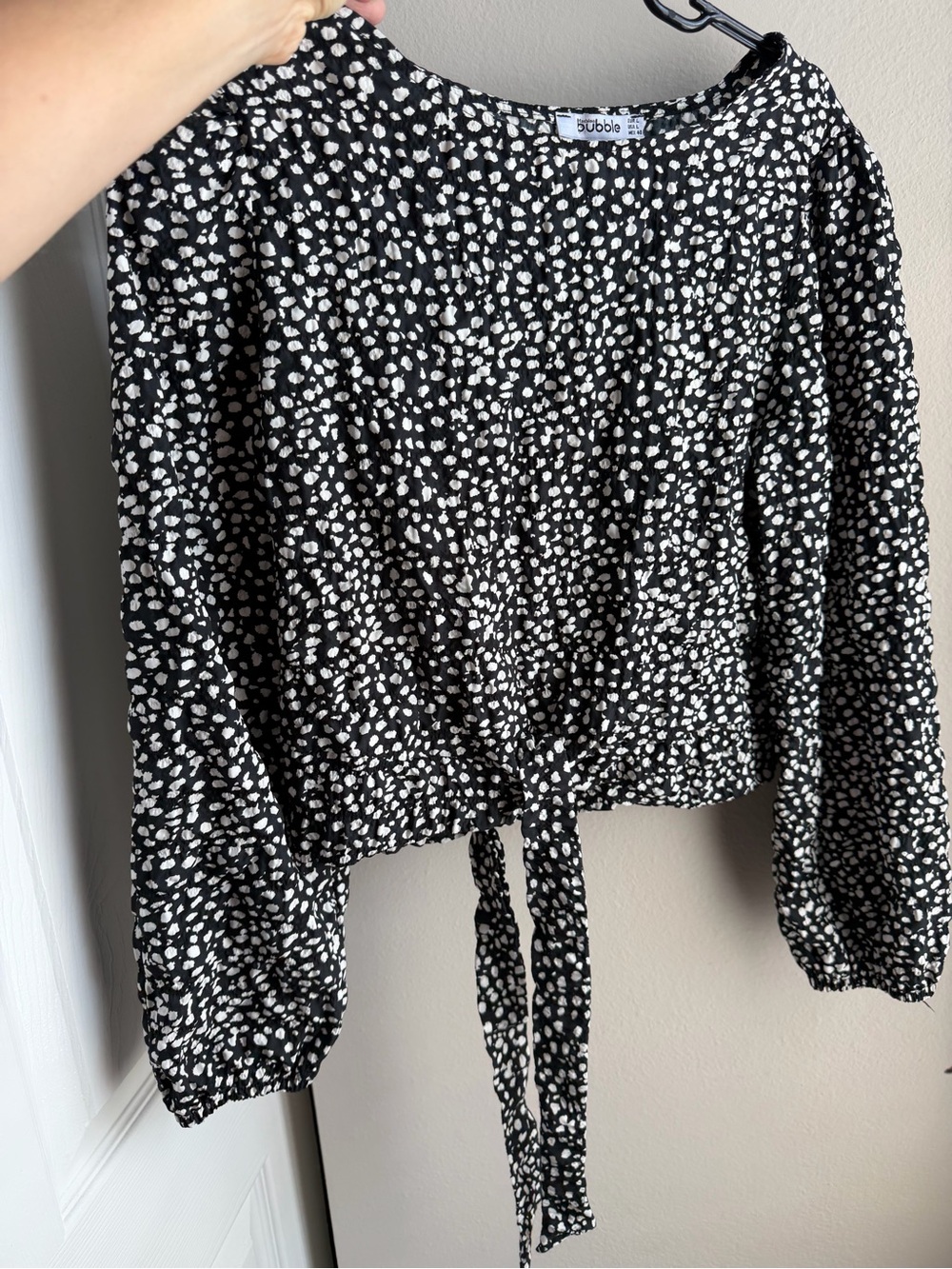 Black & White Printed Tie-Front Long-Sleeve Top